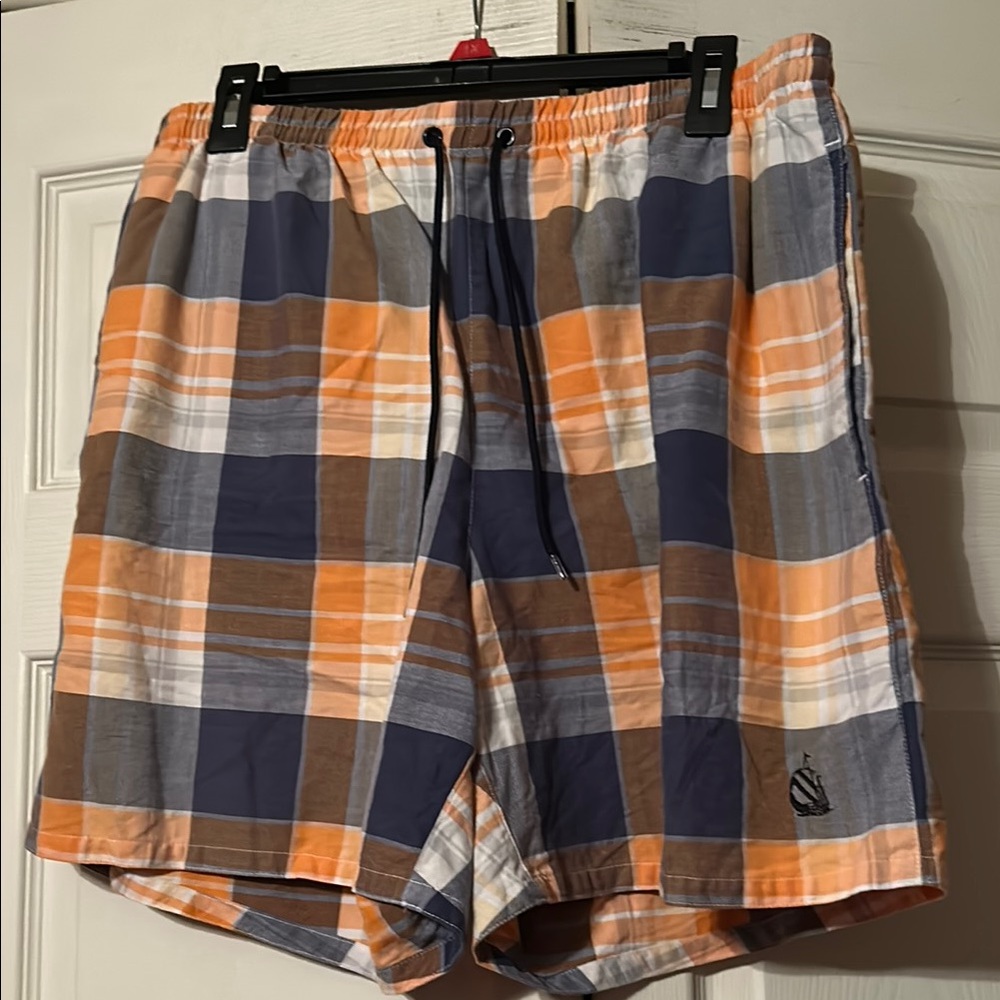 Nautica L - Blue/Orange Plaid Swim Trucks w/Net Brief.